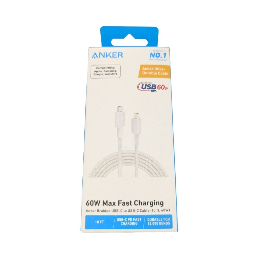 Pp7O‎ Anker 10' 60W Braided USB-C to USB-C Max Fast Charging Cable - White